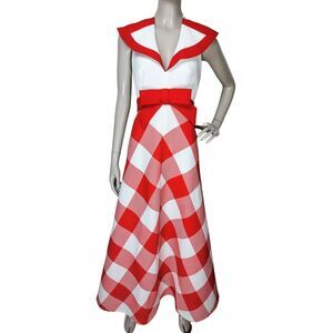 Vintage 60s 70s Gingham Seersucker Wing Collar Halter Backless A-Line Maxi Dress